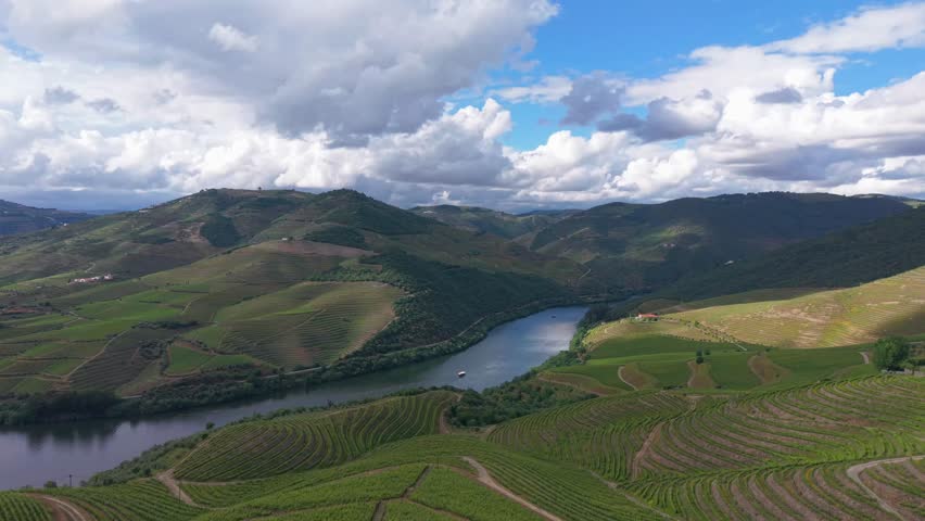 Aerial panorama of green terraced Douro Valley vineyards with river bend boat and dramatic cloudy sky