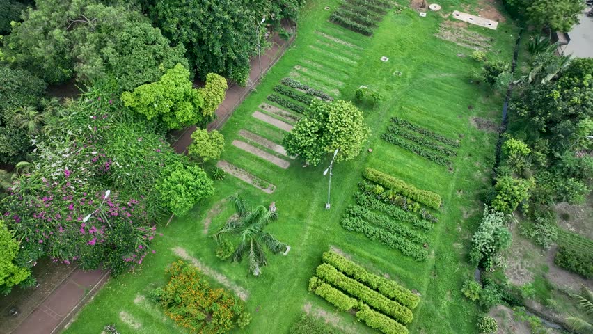 An aerial top-down view of a lush green botanical garden