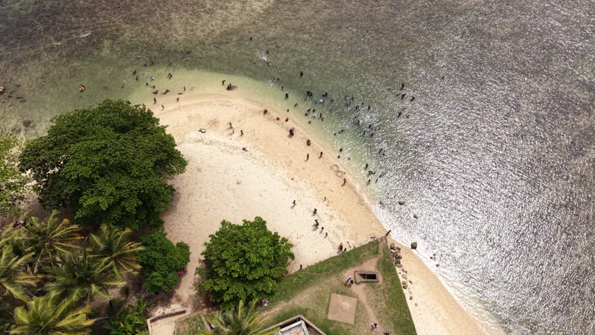 Aerial view of people swimming and relaxing on a sandy beach near lush tropical trees and historic stone walls in Galle, Southern Province, Sri Lanka.