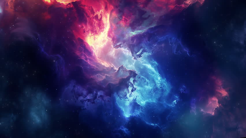 Stunning cosmic scene of a vibrant nebula featuring swirling clouds of glowing red, pink, purple, and bright blue gas and dust. Bright stars are scattered throughout the deep space background. The colorful formations create a dramatic and ethereal atmosphere. Seamless loopable motion graphics.