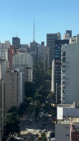 Sao Paulo City Skyline Under Clear Blue Sky Featuring Modern Urban Architecture
