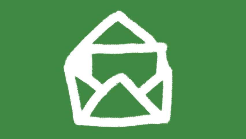 White chalk open envelope outline icon drawn isolated on green screen chalkboard texture with hand-drawn mail letter sketch cartoon animation for simple incoming message or email line art element.
