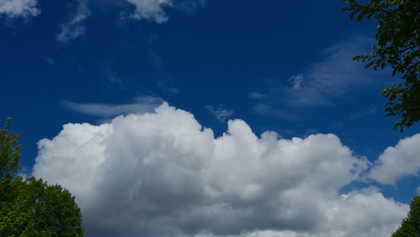 Time lapse of blue sky with large white clouds moving above green trees during sunny spring day. Natural outdoor cloudscape background.