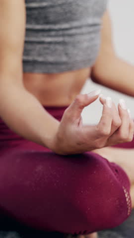 Outdoor, hands and woman with yoga, lotus and meditation with wellness, chakra and balance. Zen, yogi and healthy person with exercise, morning routine and posture with fitness, mudra and breathing