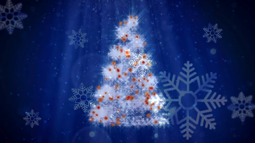A glittering white particle Christmas tree decorated with red orange ornaments, surrounded by floating large stylized graphic snowflakes on a deep blue gradient background.