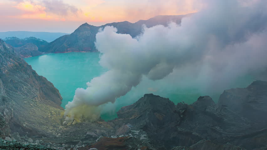 Sulfur fumes from the crater of Kawah Ijen Volcano in Indonesia.
