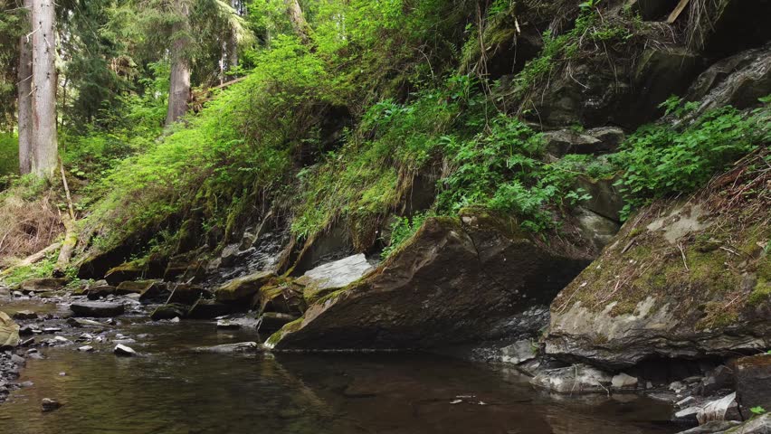 Small mountain stream flowing under the stone abandoned half-destroyed narrow-gauge railroad bridge in a forest, aerial view while moving backwards on a low altitude in overcast day
