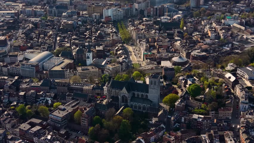 Aerial view around the old town of the city Liege in Luxembourg the Belgium on a sunny spring morning. 