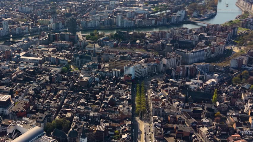 Aerial view around the old town of the city Liege in Luxembourg the Belgium on a sunny spring morning. 