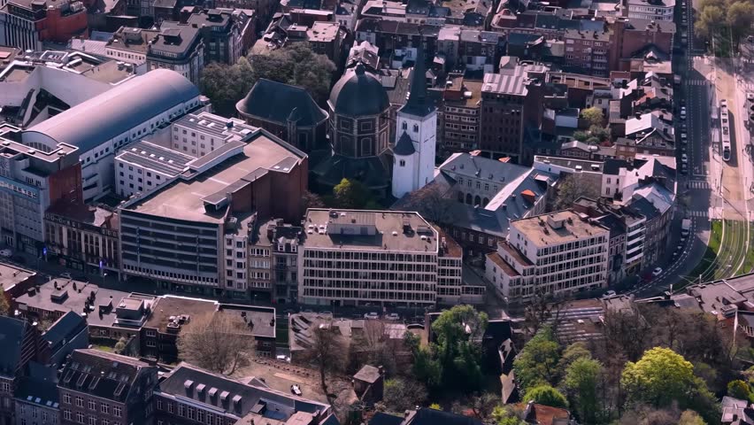 Aerial view around the old town of the city Liege in Luxembourg the Belgium on a sunny spring morning. 