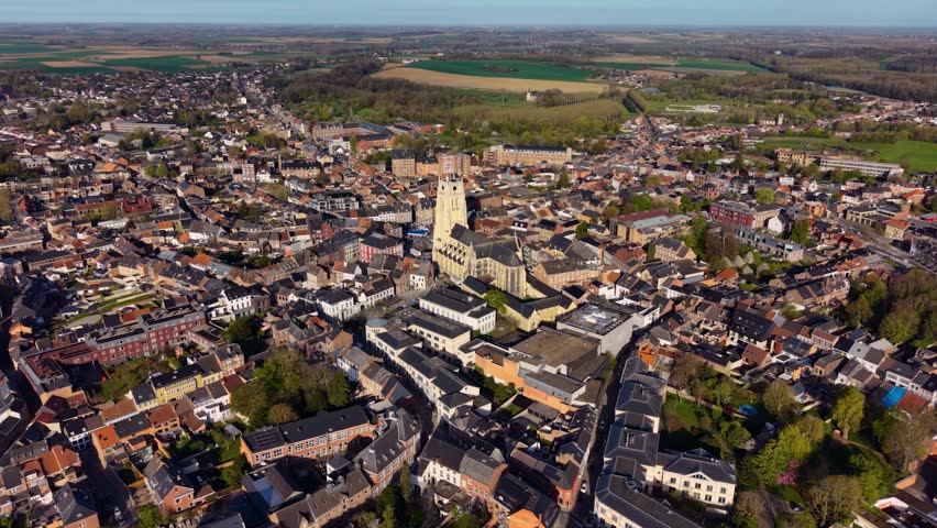 Aerial view around the old town of the city Tongeren-Borgloon in  Belgium on a sunny spring morning. 