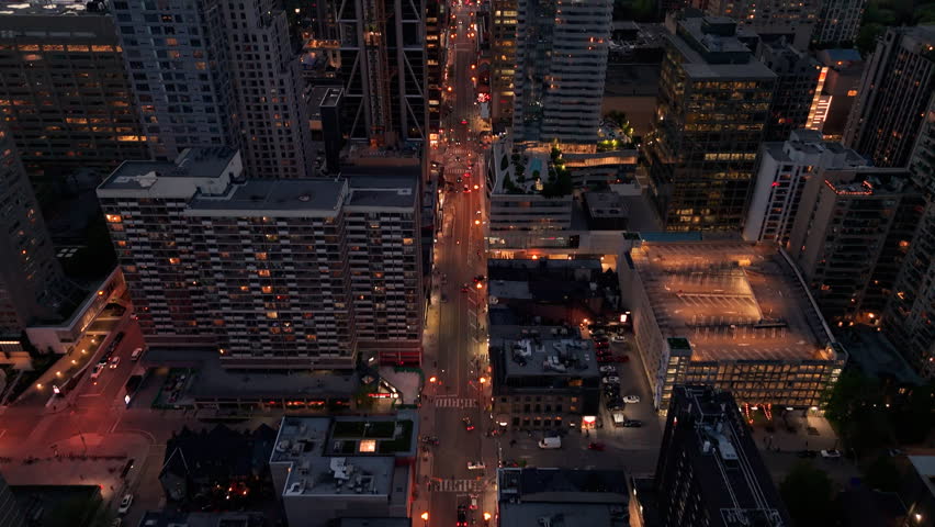 Toronto Bay Street Financial District Supertall Construction Dusk Drone 4K