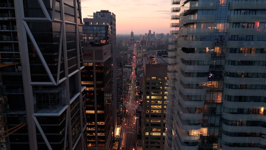 Toronto Bay Street Financial District Dusk Descending Aerial Drone 4K