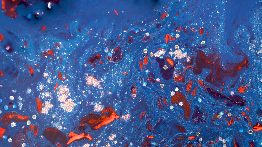 Blue Liquid Acrylic Ink with Copper Metallic Pigments Abstract Fluid Art Background. Abstract fluid art background featuring deep blue liquid acrylic ink combined with copper metallic pigments and mica particles.