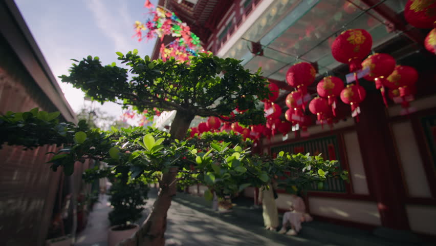 Chinese New Year lanterns and festive decorations in Chinatown Singapore near Buddha Tooth Relic Temple vibrant tourism atmosphere in Asia