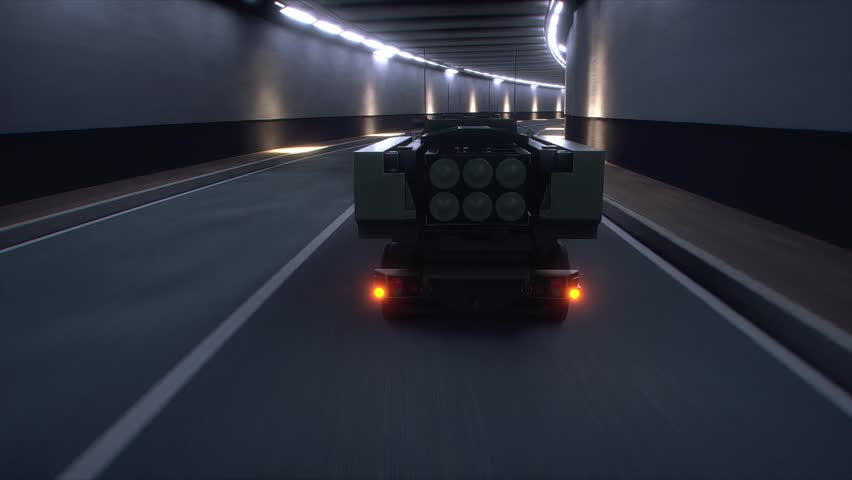 3d model Military Rocket Artillery System Transported Through Tunnel in Convoy. Realistic 4k animation.