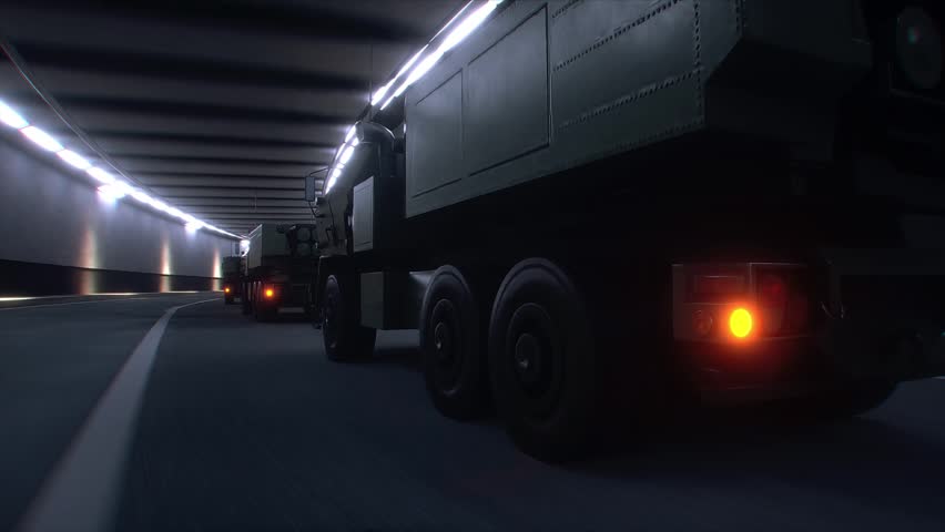3d model Military Rocket Artillery System Transported Through Tunnel in Convoy. Realistic 4k animation.