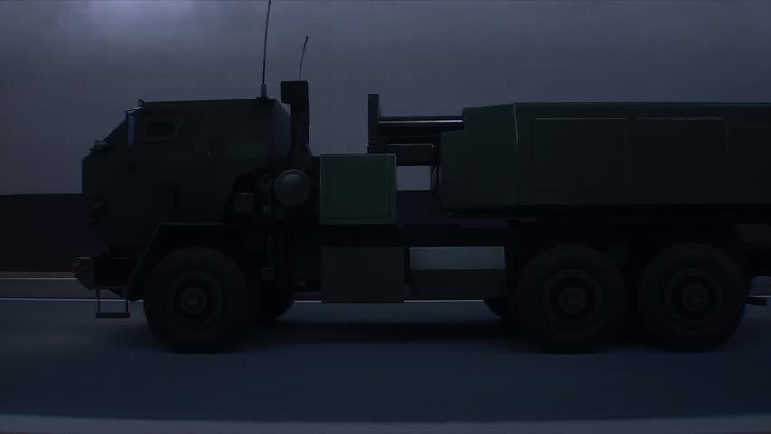 3d model Military Rocket Artillery System Transported Through Tunnel in Convoy. Realistic 4k animation.