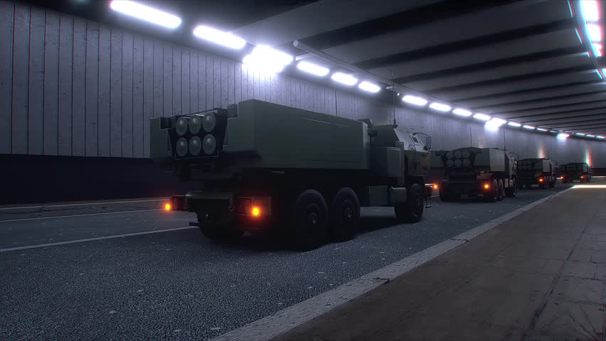 3d model Military Rocket Artillery System Transported Through Tunnel in Convoy. Realistic 4k animation.