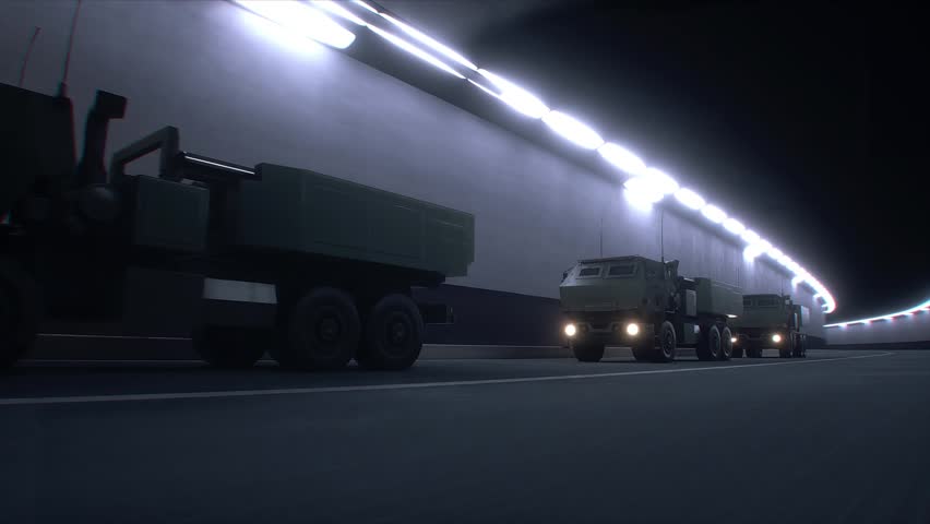 3d model Military Rocket Artillery System Transported Through Tunnel in Convoy. Realistic 4k animation.