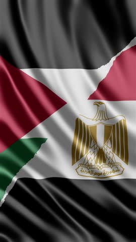 Rippling silk flags of Palestine and the Egypt blend together in a smooth digital motion video animation featuring vibrant colors and soft fabric textures that wave elegantly to symbolize international diplomacy and cultural unity in this high quality render designed for professional background use and creative media production projects.
