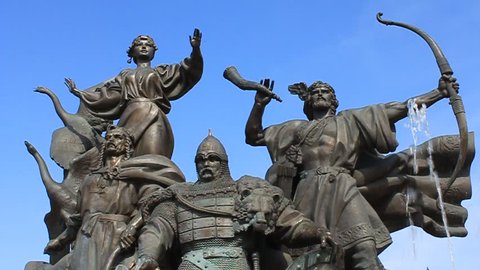 Monument to the founders of Kiev (three brothers - Kiy, Shchek, Horiv and their sister - Libed) in square of independence in Kiev, Ukraine