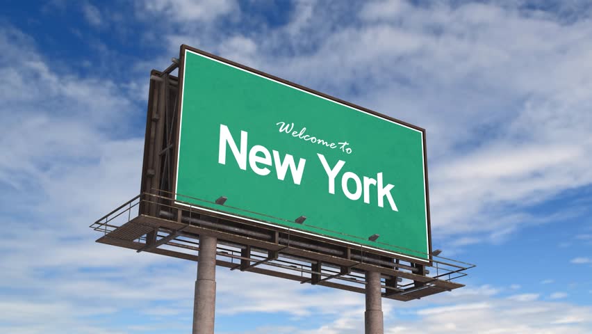 Welcome To New York Road Sign. Airplane Landing New York State USA.