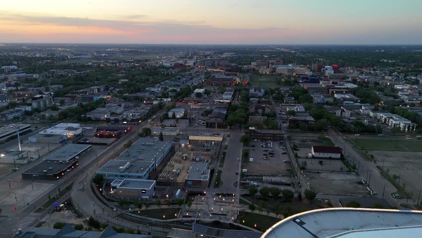 Aerial  view of the Edmonton skyline looking north from downtown at night