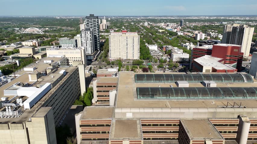 Aerial view of buildings on the University of Alberta campus in Edmonton, Alberta.