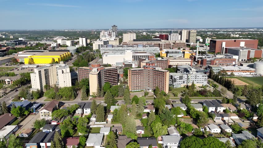 Aerial view of buildings on the University of Alberta campus in Edmonton, Alberta.