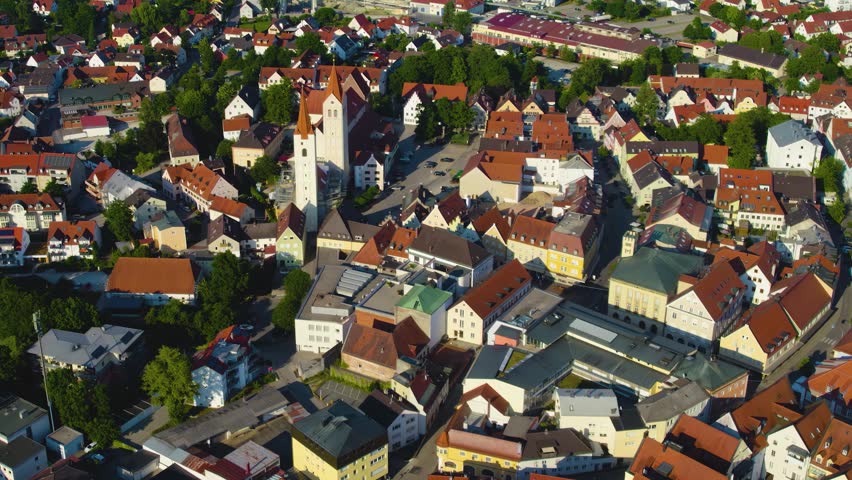 Aerial view around the old town of the city Moosburg, 88422 in Germany , Bavaria on a sunny spring afternoon. 