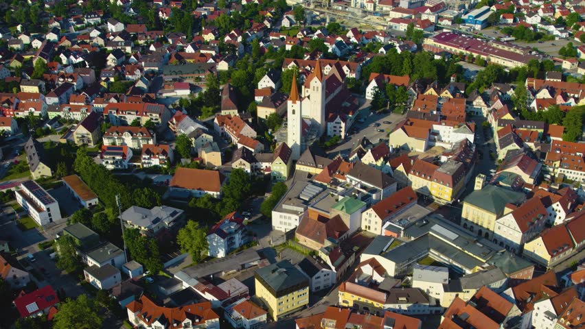 Aerial view around the old town of the city Moosburg, 88422 in Germany , Bavaria on a sunny spring afternoon. 