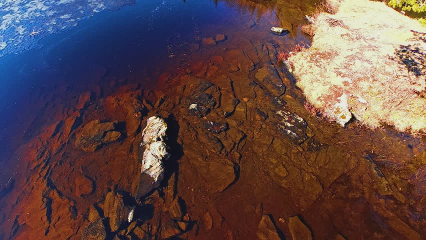 Drone aerial footage of a rocky shoreline along a partially frozen forest lake. Clear dark water reveals underwater rock formations while melting ice marks the transition from winter to spring.