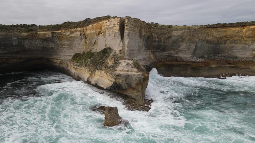 Stunning aerial view of the historic Loch Ard Steps on a steep cliff in Port Campbell, Great Ocean Road, Australia