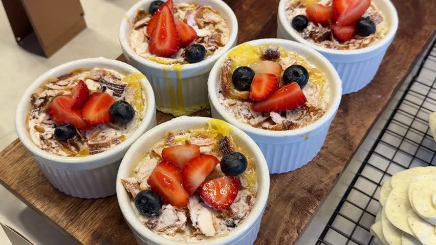 Five white ceramic cups with healthy chia pudding and oatmeal topped with strawberries and blueberries in restaurant display