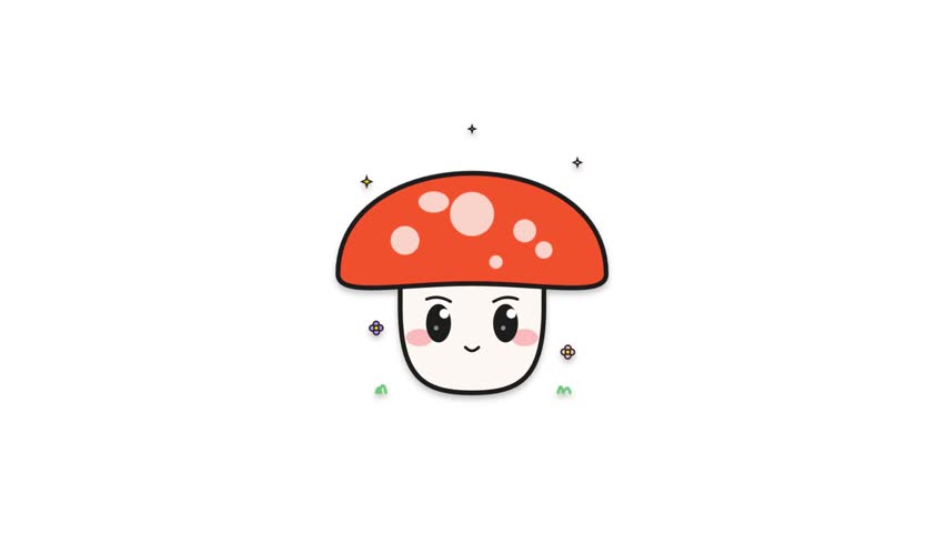 A small red mushroom character with a happy face and big eyes sits on a white background. Tiny pink flowers and green grass surround the base of the plant. Small black stars twinkle around the cap which has light pink spots. This flat vector style drawing is simple and friendly for kids content or social media stickers.
