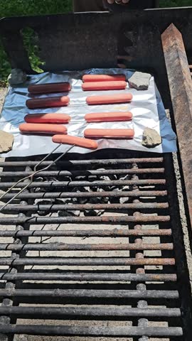 Hotdogs on metal holders being cooked over grill on sunny day vertical video