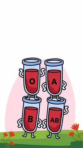 four cute cartoon test tubes representing different blood types