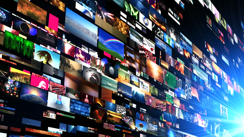 A massive, endless wall of hundreds of diverse video clips and images flowing toward the viewer, culminating in a powerful blue-white light burst at the center. Content includes nature, people, cityscapes, abstract graphics, space, and technology scenes. Perfect for digital media, streaming content, information overload, big data, video production, stock footage showcase, and futuristic broadcast concepts. Seamless loopable 4K animation.