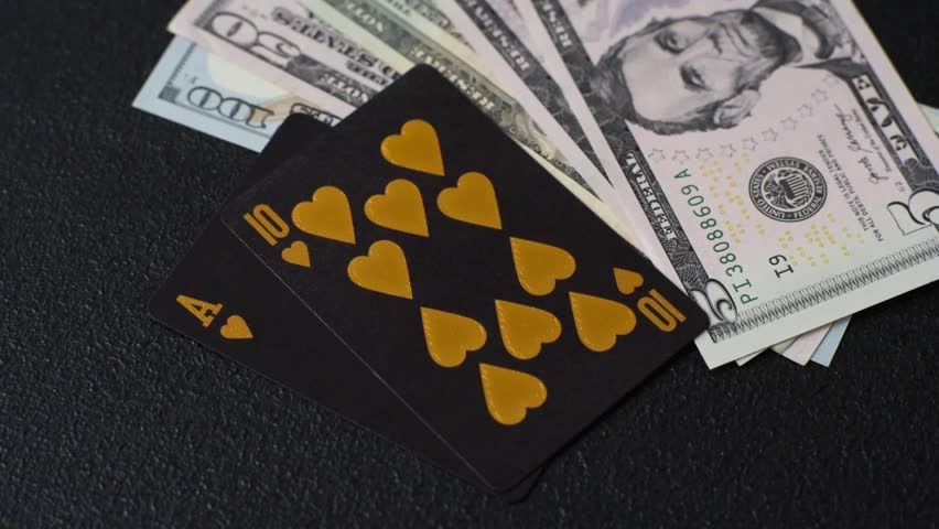 Playing blackjack or baccarat card game in casino with chips, bets and risk