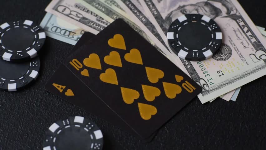 Playing blackjack or baccarat card game in casino with chips, bets and risk