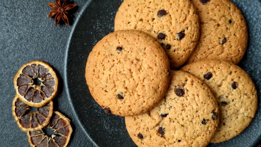 Food, oatmeal chocolate raisin cookies, dessert or breakfast pastry