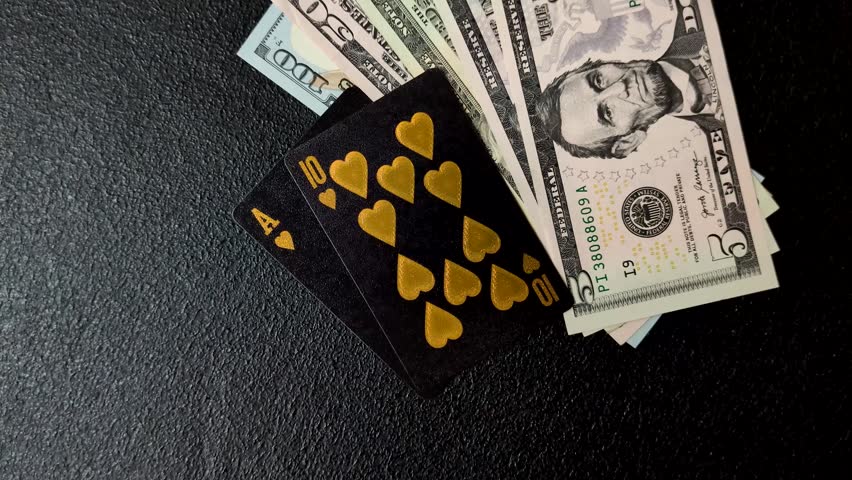Playing blackjack or baccarat card game in casino with chips, bets and risk