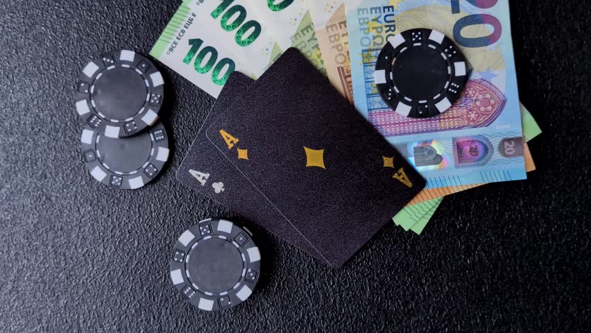 Playing blackjack or baccarat card game in casino with chips, bets and risk