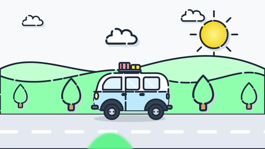 Cute cartoon camper van driving on a scenic road trip through green hills under a bright sun.