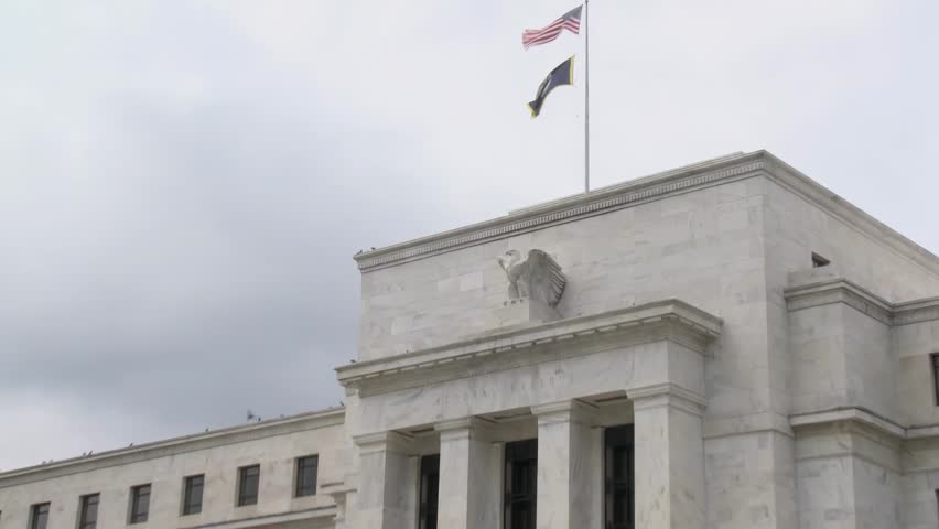 Federal Reserve Headquarters Building with American Flag in Washington DC Financial District