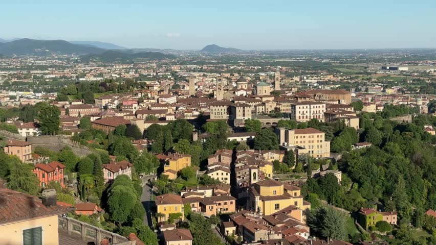 Bergamo. One of the beautiful city in Italy. Landscape at the old town from San Vigilio hill. Amazing view of the towers, bell towers and main churches. Touristic destination. Best of Italy