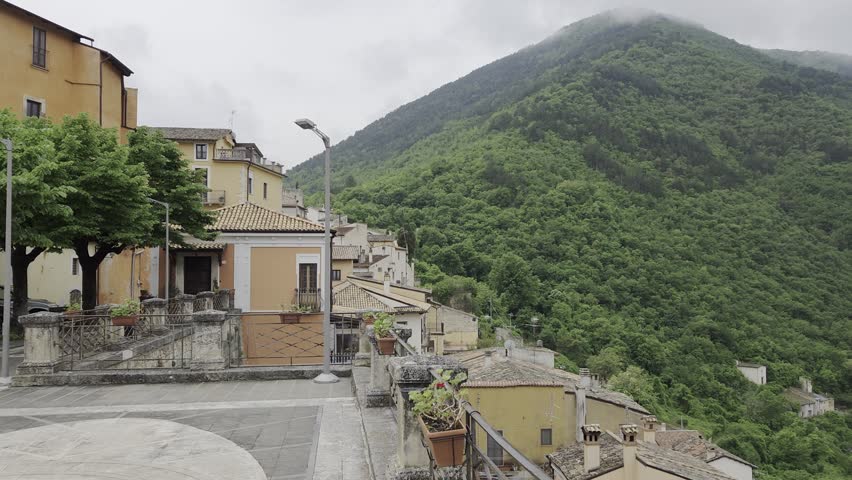 Panoramic view of a medieval town in the Abruzzo National Park, Italy.