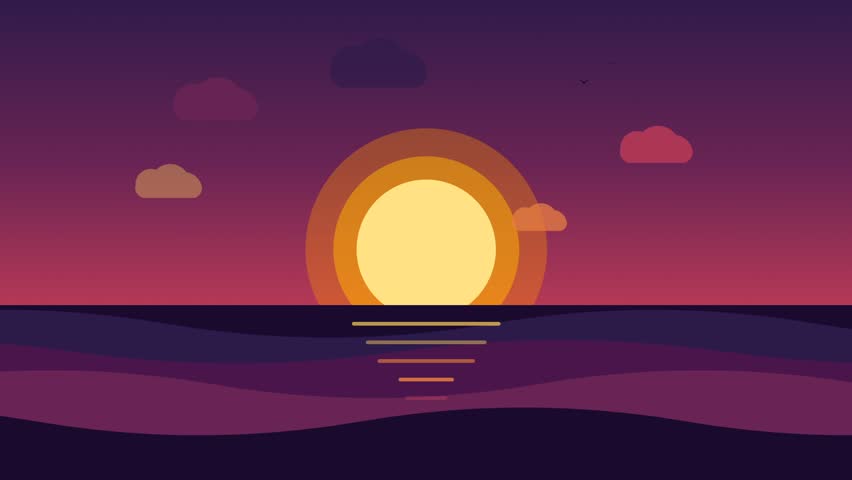 Sunset over ocean with moving waves in a minimalist vector flat design