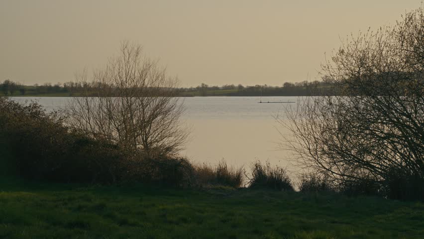 Peaceful lake in nature during golden hour with warm sunlight